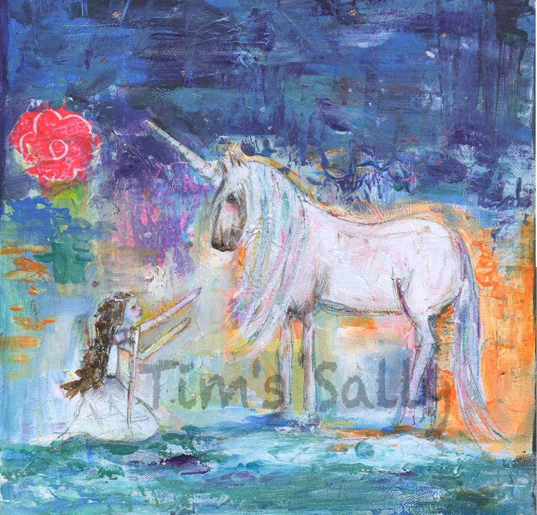 unicorn, whimsical - FORBIDDEN - mixed media art print by Mindy Lacefield