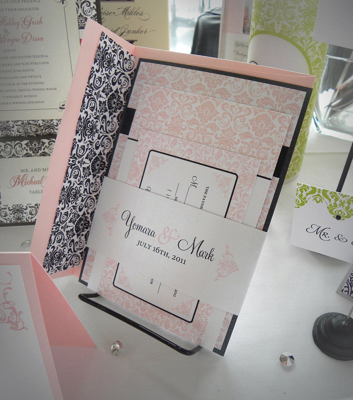 Black and Blush Pink Damask Wedding Invitation Set