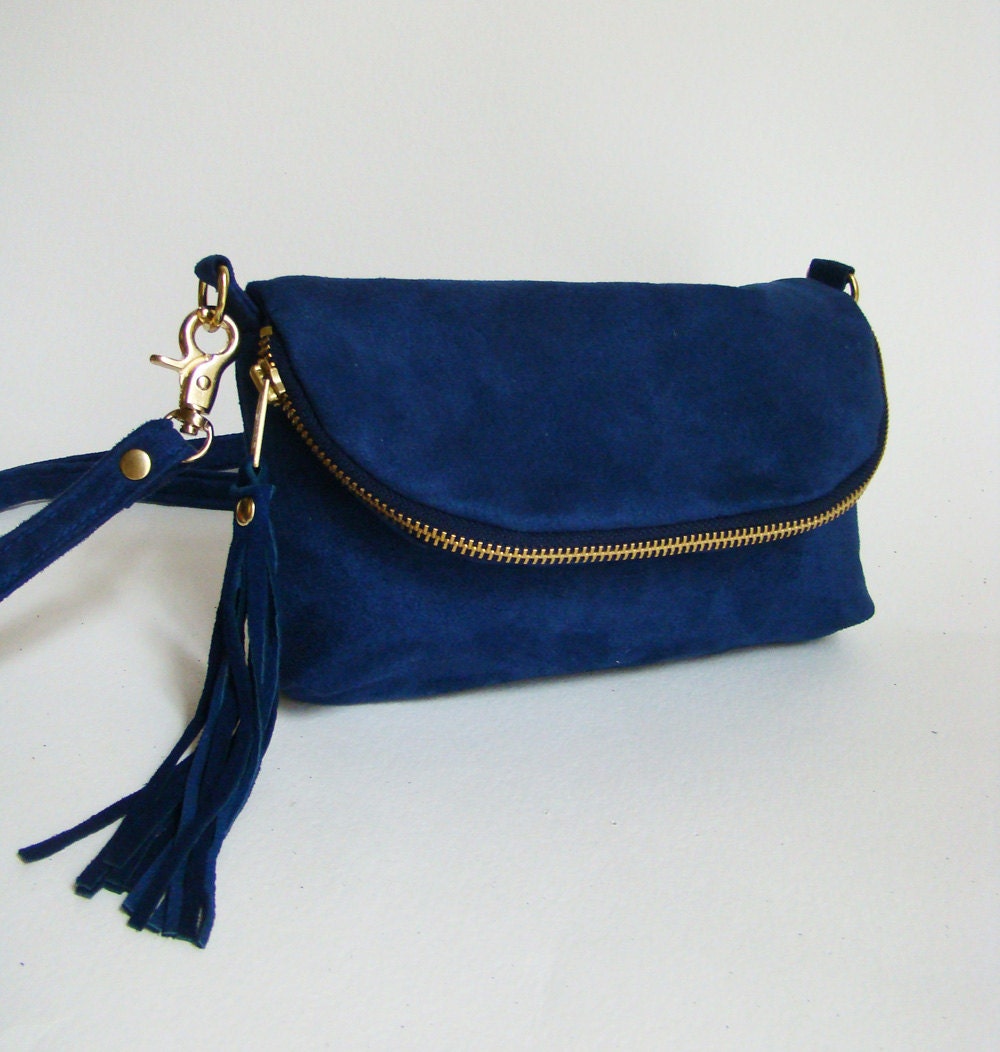 Cobalt Suede 3-in-1 Bag, small suede cross-body bag, clutch, or large wallet