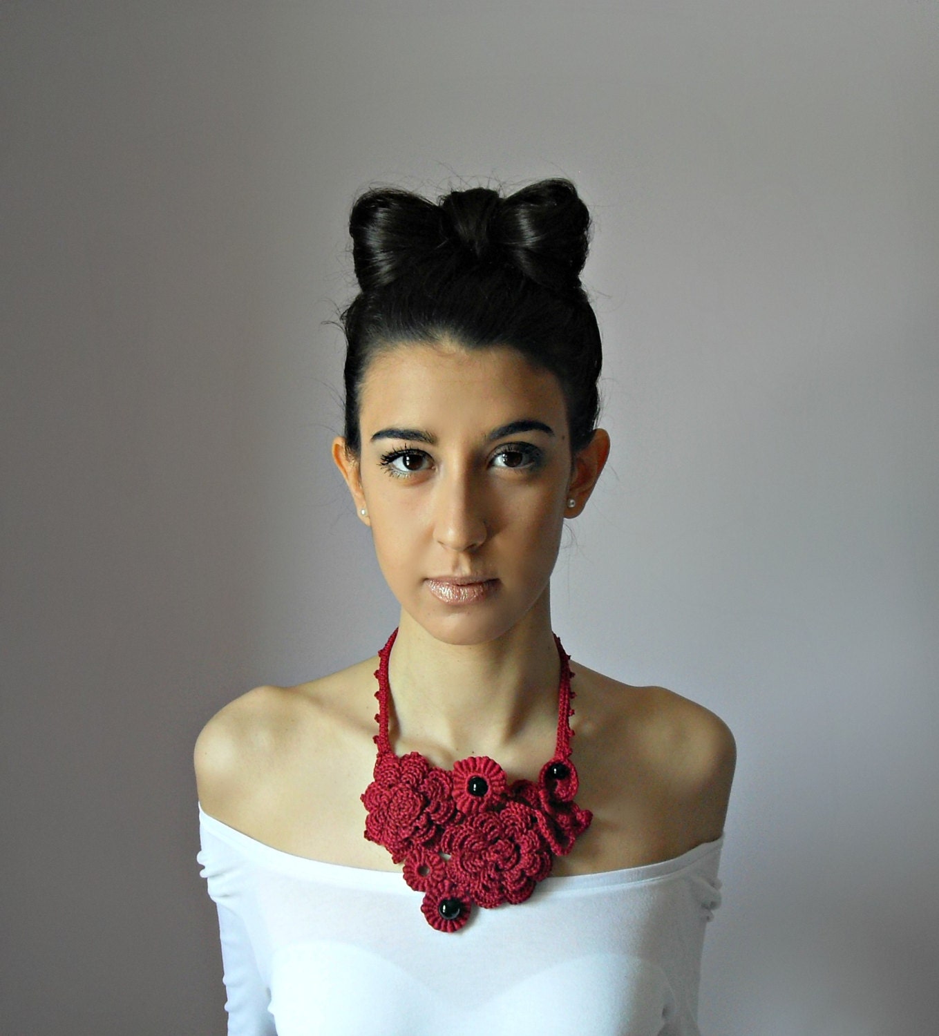 Hand Crochet Necklace (LUX) - Ruby Red, Blood Red - Handmade - Floral motif - Feminine