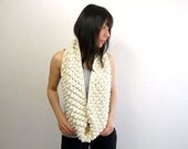 Popcorn Infinity Loop Scarf in Cream. Romantic Knit Lace. Spring and Winter Fashion. Handmade in France.