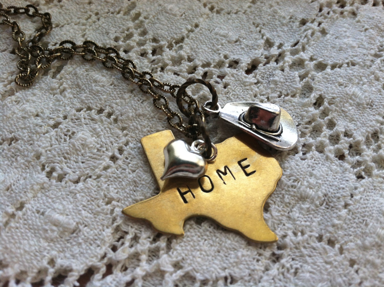 Texas Home Necklace with Heart and Cowboy Hat