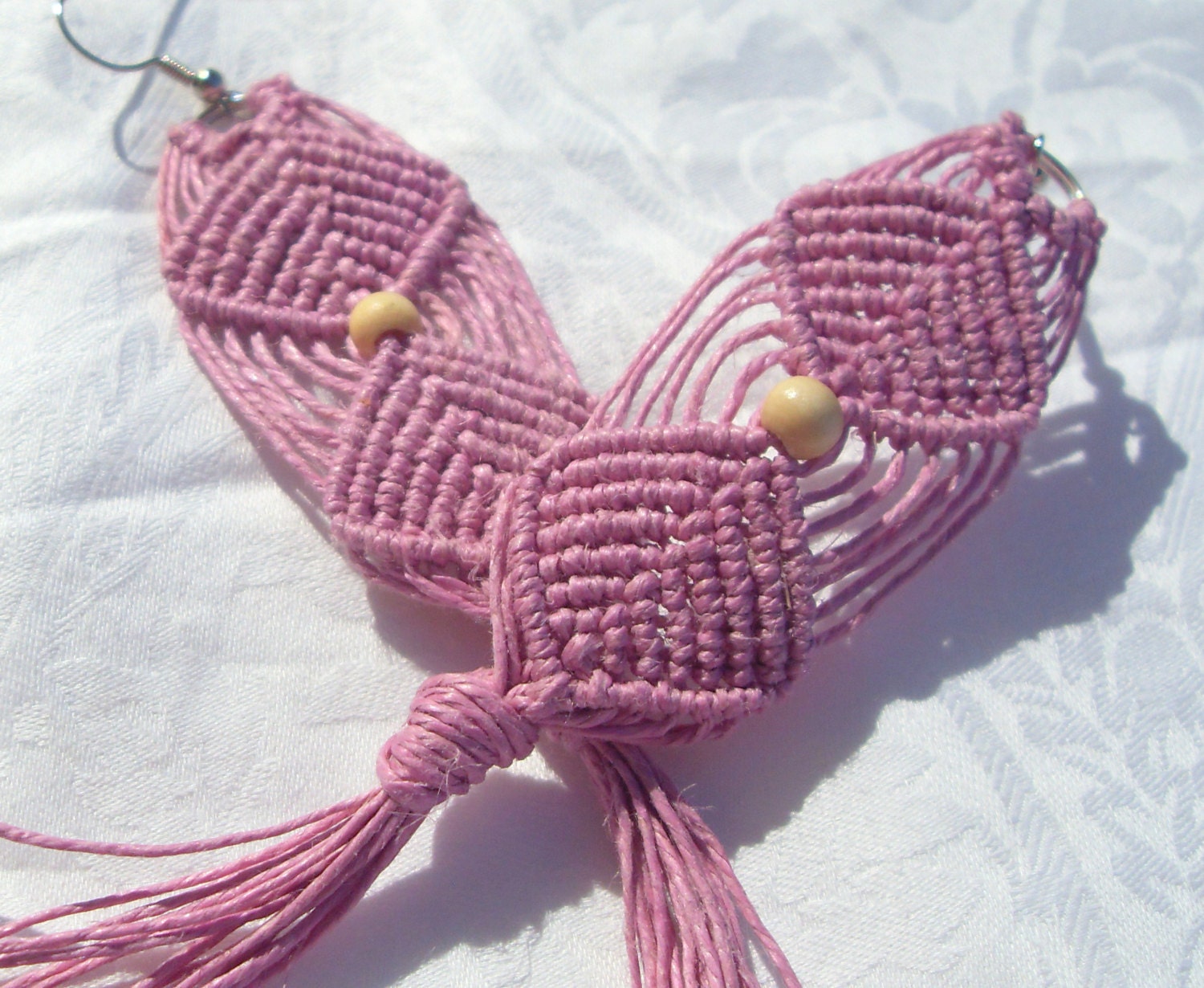 hand knotted pink hemp long dangle earrings