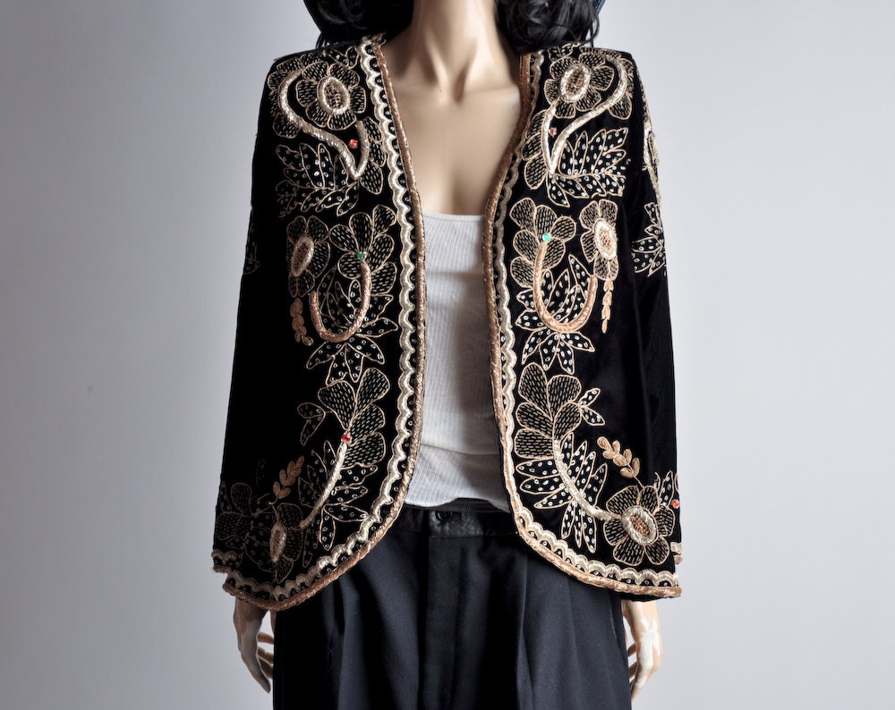 black velvet with gold embroidery toreador jacket / s / m