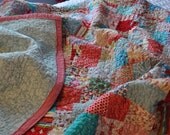 Robin's Egg Blue and Red Farmhouse Quilt.   Single Bed Quilt or Large Throw. Charming