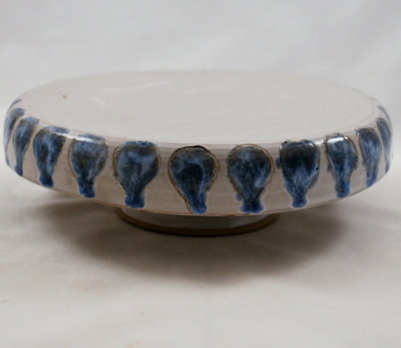 White and Blue Teardrop Ceramic Cake Stand Wheel Thrown Stoneware Pottery