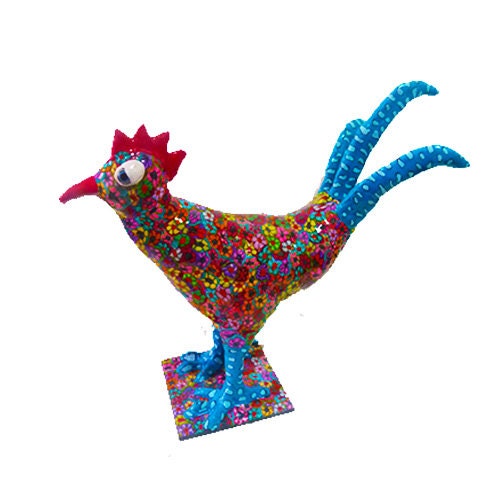 whimsical polymer clay sculpture chicken 3D- animal Collectibles- blue and purple  with dots and colorful millefiori flowers,floral pattern