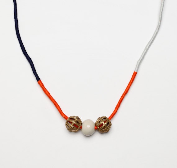 Bantu Necklace Handmade Ceramic and Brass Beads and Fiber Necklace