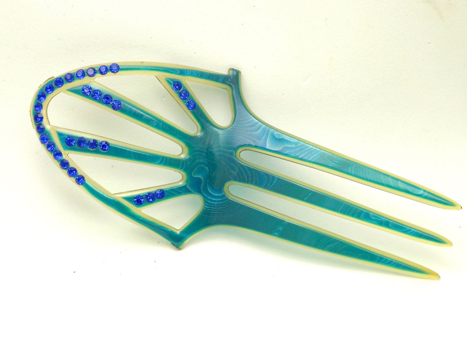 Vintage 1940s Art Deco Celluloid and Rhinestone Hair Comb