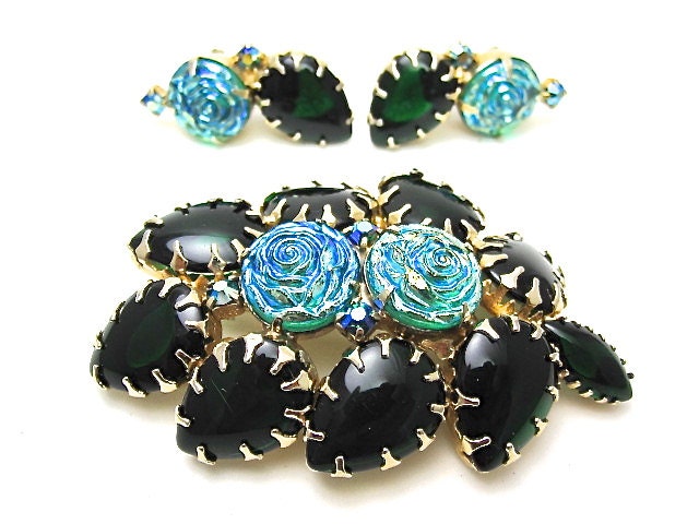 Vintage 50s Juliana Rosette Rhinestone Pin Brooch and Earrings