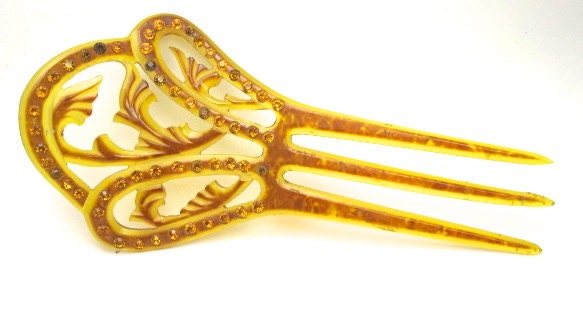 Vintage 1940s Art Deco Celluloid and Rhinestone Hair Comb