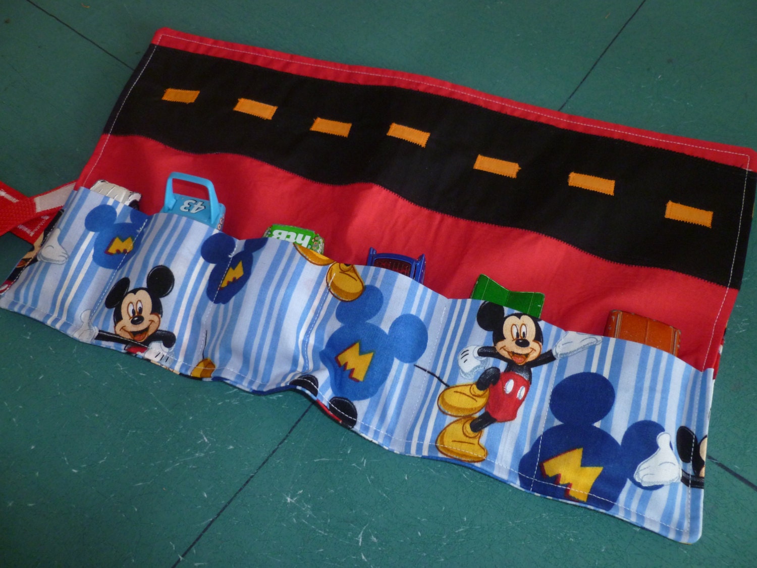 Car Travel Caddy Roll Up for 6 Matchbox or Hotwheels size cars - Blue Stripes Disney Micky Mouse fabric