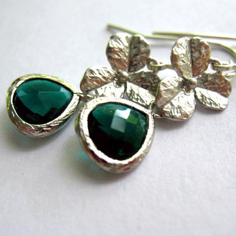 Emerald Earrings, Green Framed Stone, Three Petal Clover Charm, Sterling Silver Dangle Drop Earrings May Birthstone