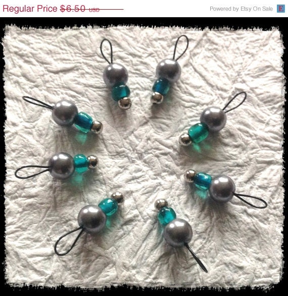 Spring Clearance Sale Snag Free Stitch Markers Extra Small Set of 8 - Grey Glass Pearls and Teal Glass - J27 - Fits up to size US 4 (3.5mm)