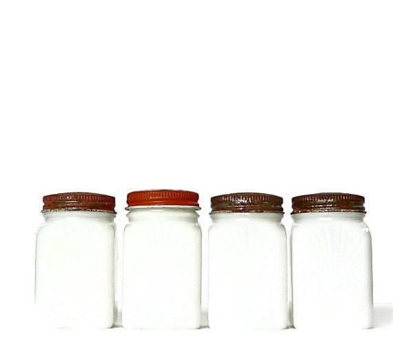 Vintage Milk Glass Sun Ray Spice Jars Set of Four