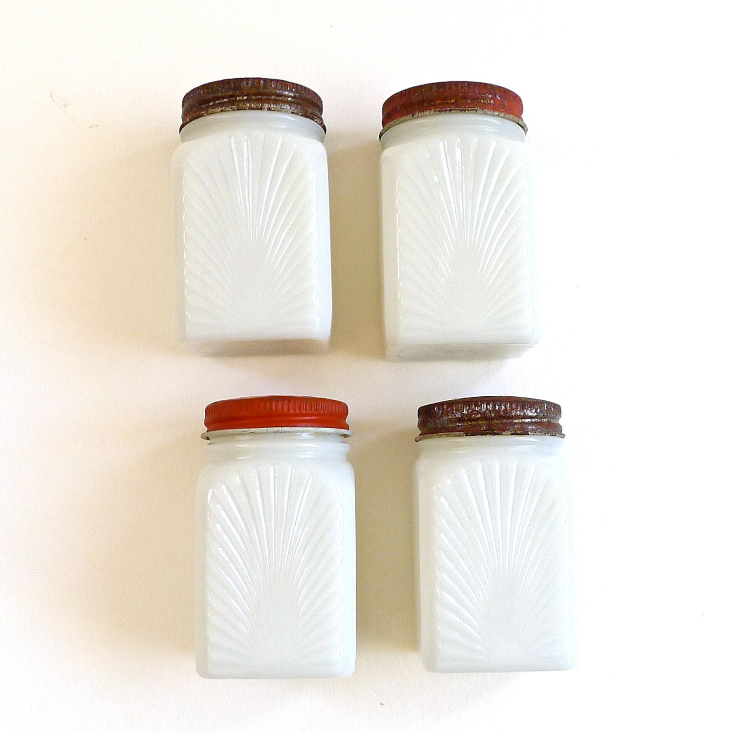 Vintage Milk Glass Sun Ray Spice Jars Set of Four
