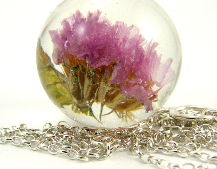 Pink Flower Necklace, Large Resin Round with Sterling Silver Chain