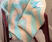 Vintage knitting blue and white chevron baby blanket with Mr. Moon Patch
