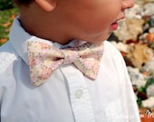 Boys Yellow, Orange, Pink, and Brown on White Cotton Floral Bow Tie, Pretied and Adjustable,  Infant Baby, Toddler, Child, Preteen Bowtie