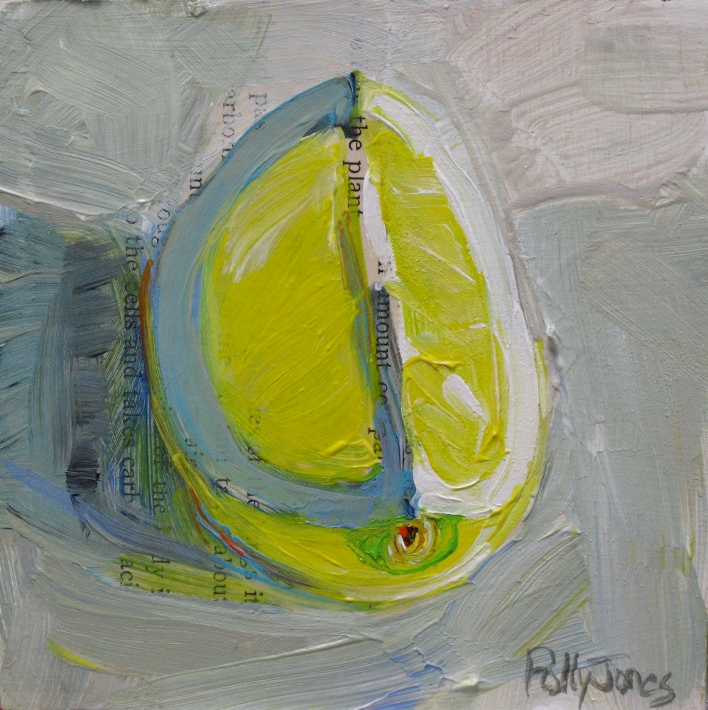 Cloudy Day Lemon original mixed media painting by Polly Jones