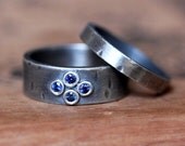 Blue sapphire engagement ring set - rustic texture - oxidized - recycled silver - alternative engagement - river rock - made to order