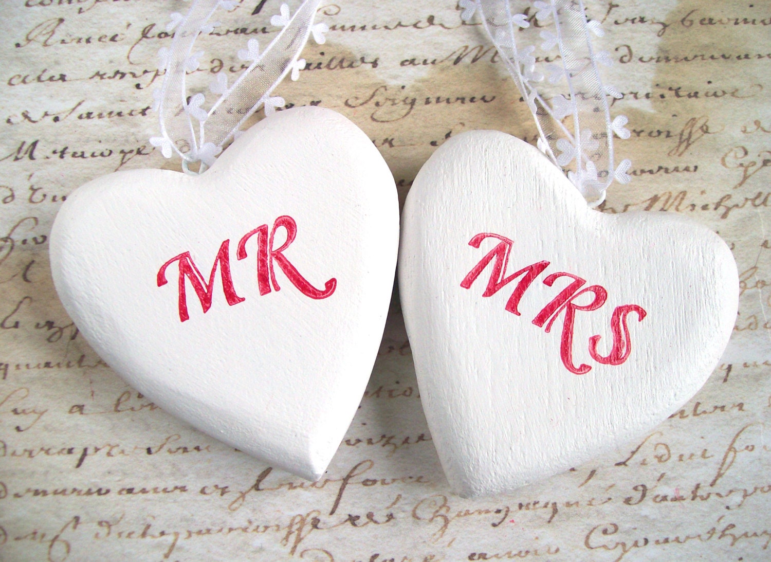 Mr Mrs rustic wood heart decorations / ornaments wedding decor white shabby chic gift