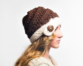 Hand Knit Hat Womens Hat - The Hybrid Swirl Cloche Hat in Coconut Cream and Brown