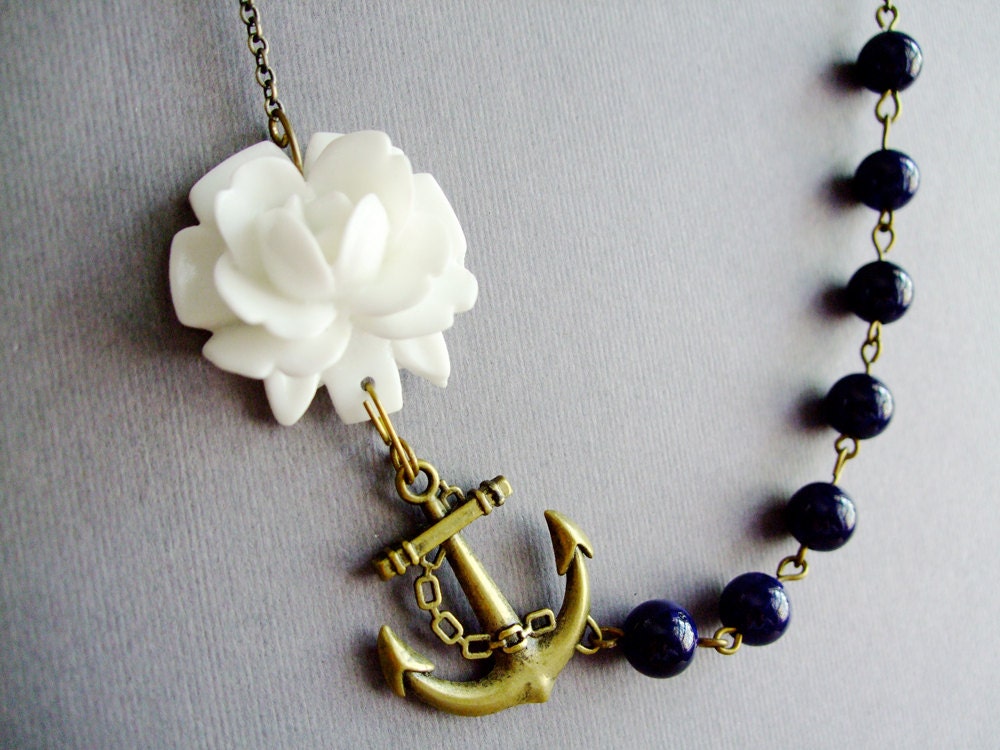 Nautical Necklace,Flower Necklace,Retro Jewelry,Anchor Necklace, Navy Blue Jewelry,White Jewelry(Free matching earrings)