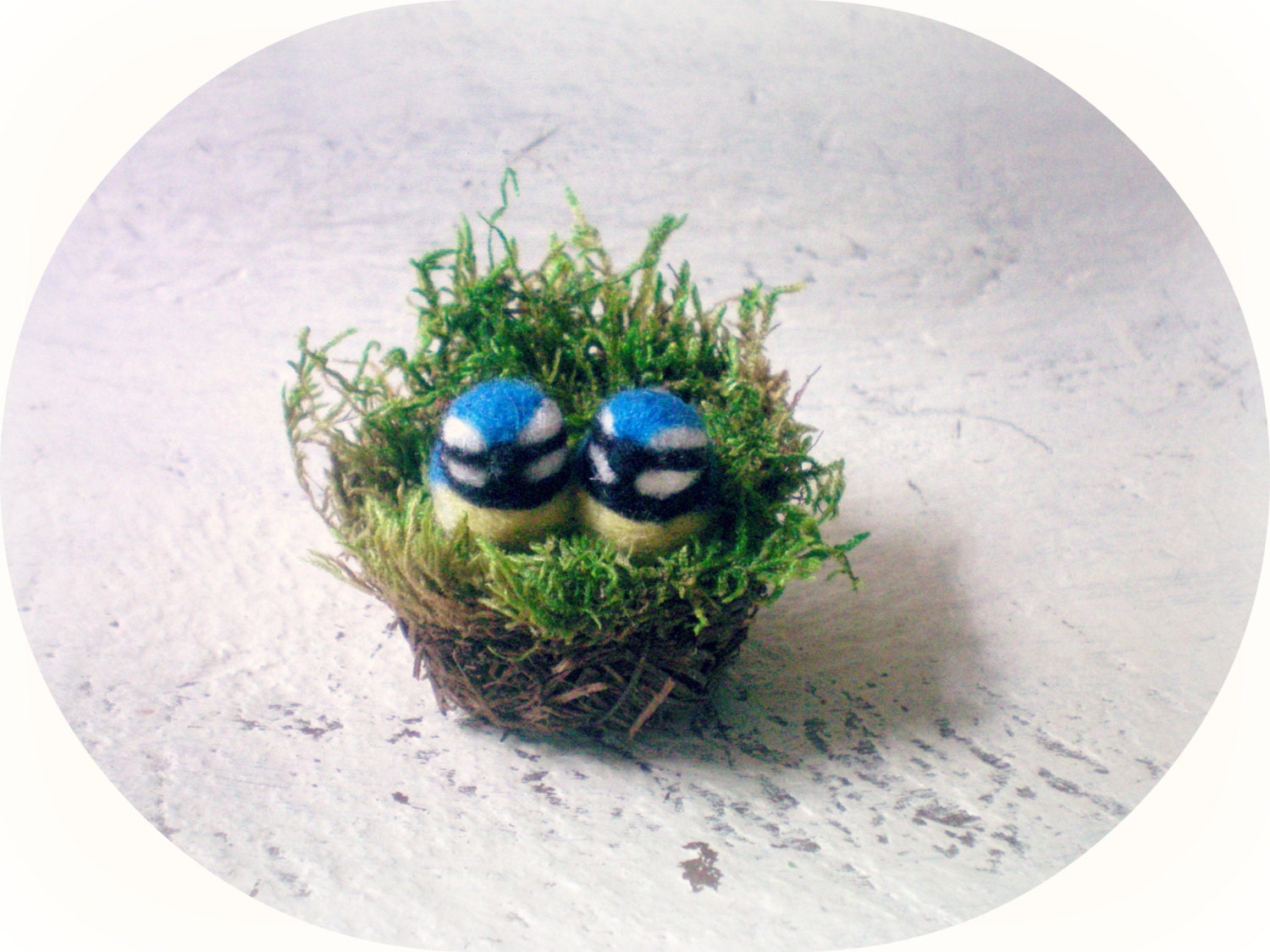 Mini Felted Blue Titmouse Couple In Nest