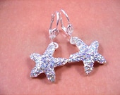 Rhinestone Starfish Earrings, White Rhinestones and Silver Star Fish Dangle Earrings, FREE Shipping U.S.