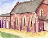Old vintage historical church original watercolour illustration