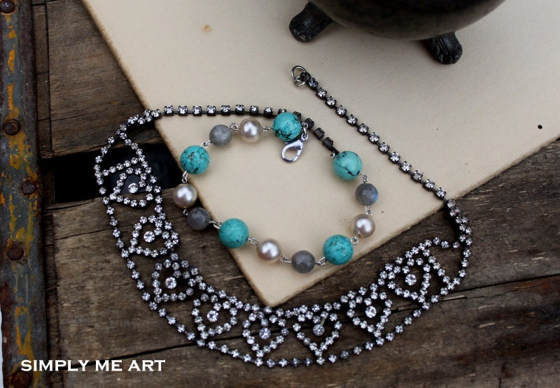 Vintage Rhinestone Turquoise and Pearl  Wrap Style Bracelet....Dolled Up Nine