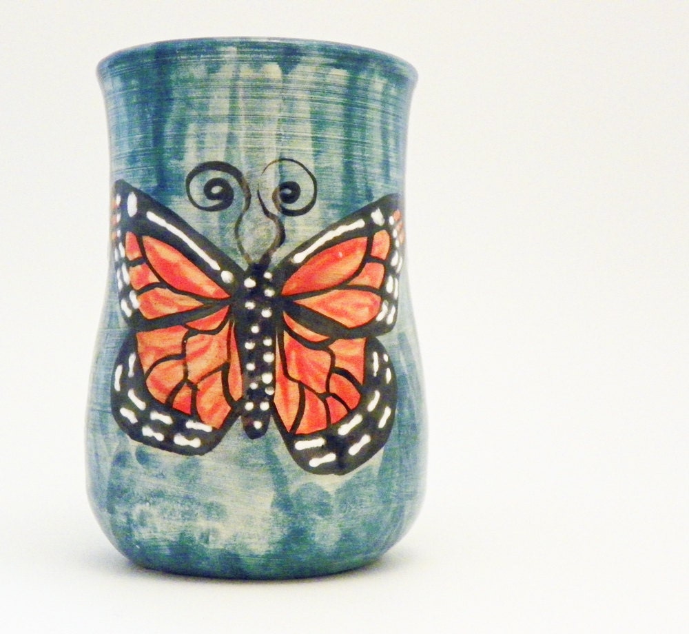 Ceramic Handmade Monarch Mug on Teal Ready to Ship 10 Ounces