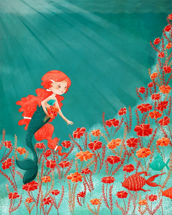 The Little Mermaid - a fairytale art print - fairy tale mermaid ocean sea storybook cute whimsical flower nursery kids room children