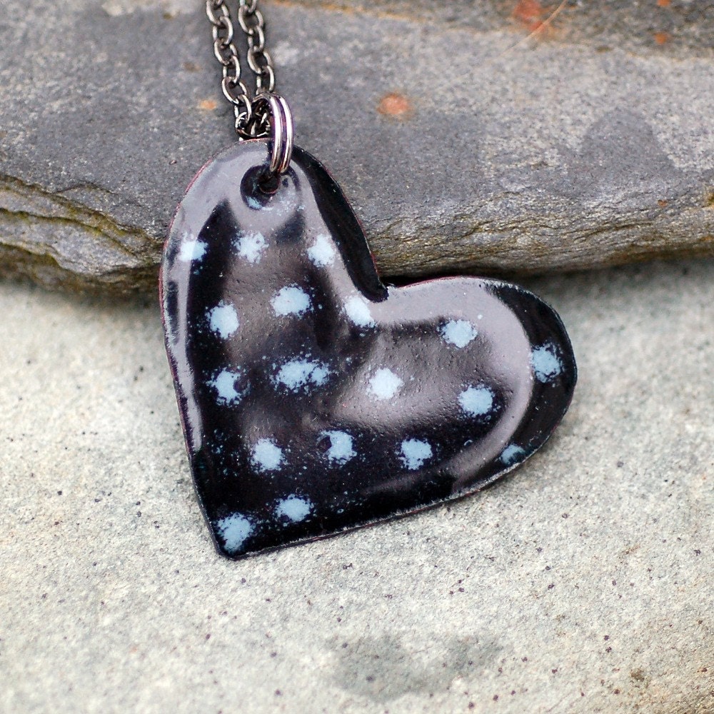 Enamel Heart Pendant Necklace Copper Enameled Jewelry Black Gray Spotted