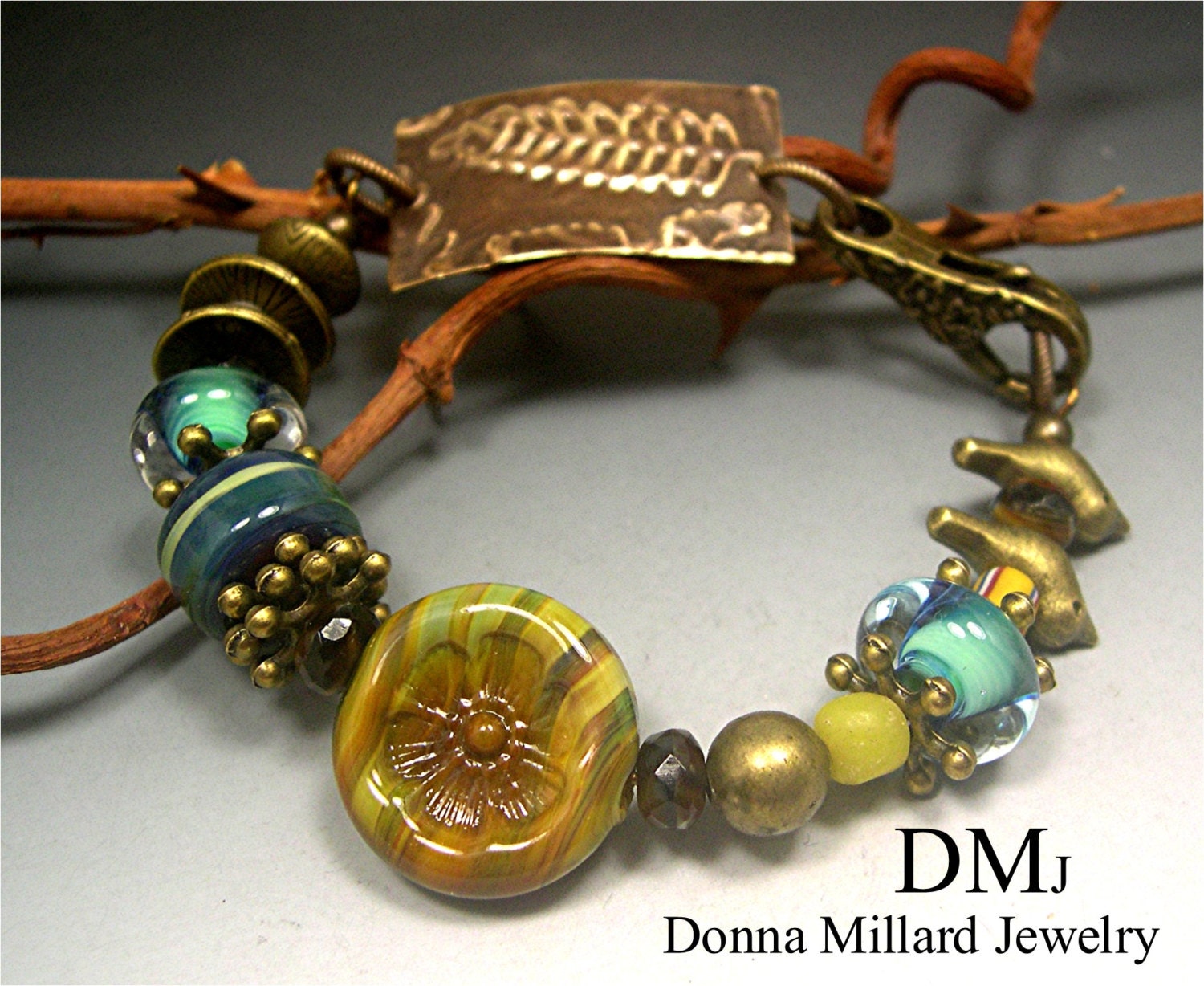 Handmade SRA LAMPWORK BRACELET Glass Beads Donna Millard teal blue bird leaf botanical lamp work gypsy rose boho