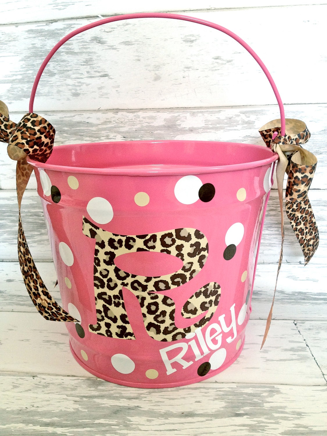 custom 10 QUART bucket with patterned initial, name and polka dots