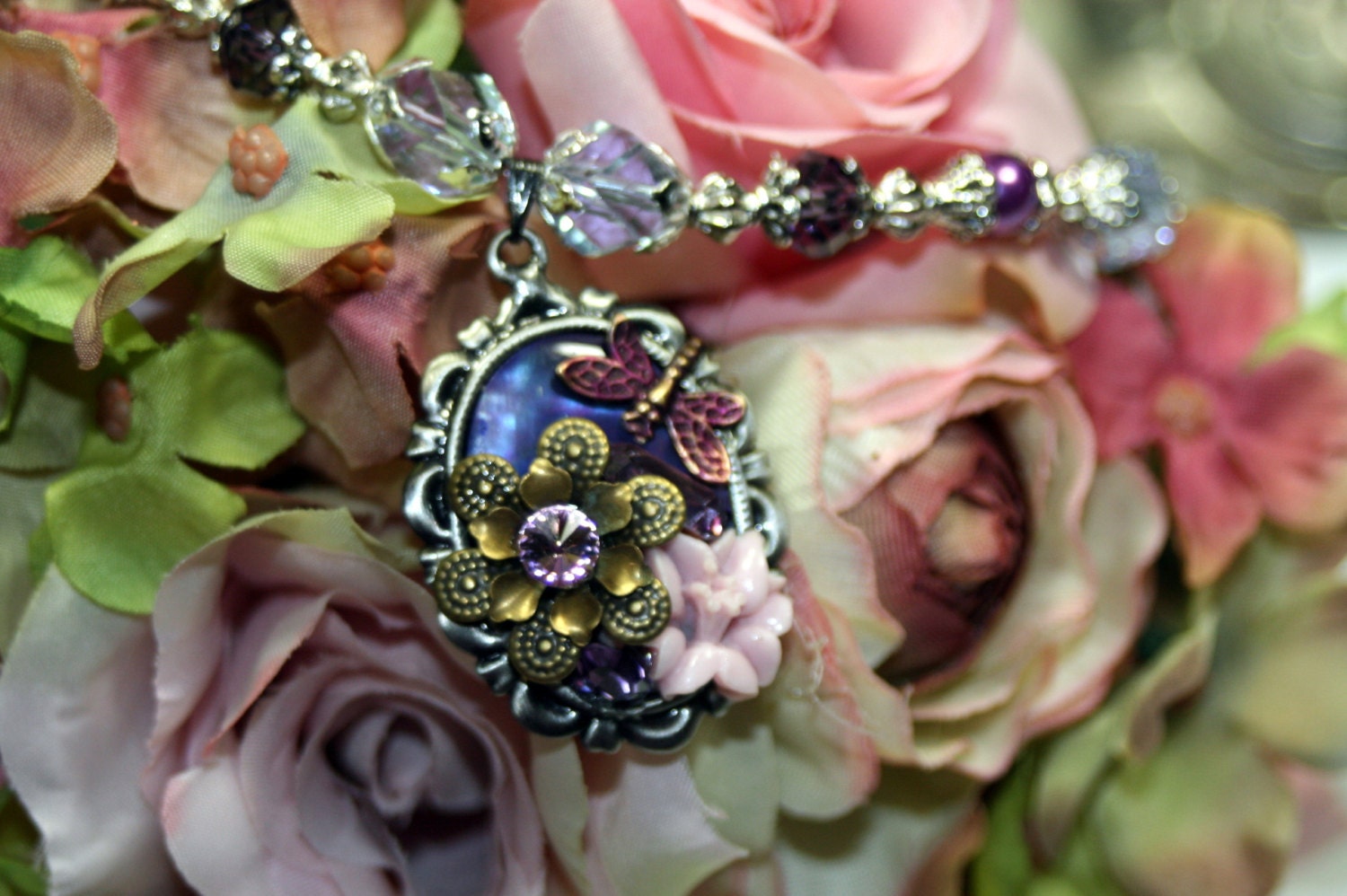 Dragonfly Garden Layered Purple n Silver Double Necklace Convertible Vintage Swarovski Rhinestones