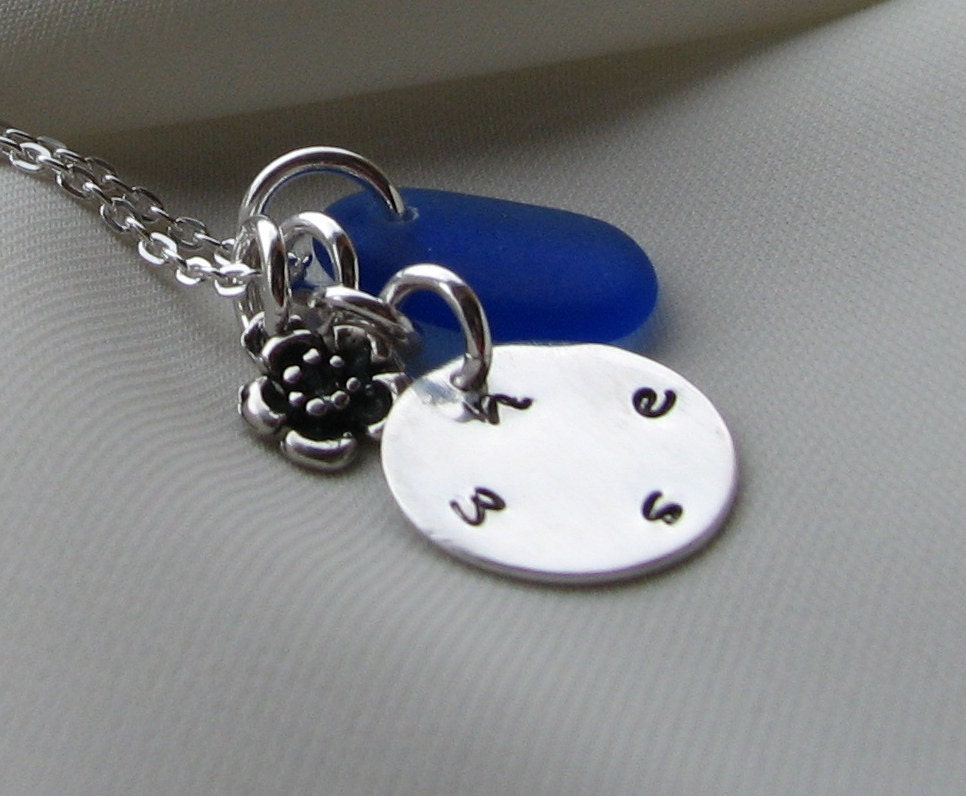 Colbalt Blue Beach Glass and Sterling Charm Necklace