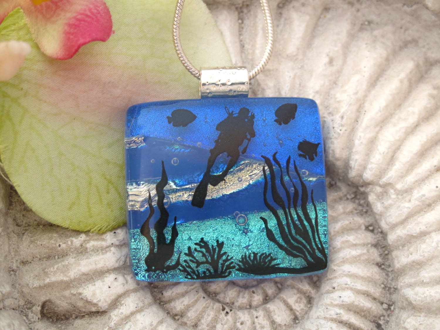 Diver Ocean Necklace - Dichroic Jewelry - Deep Sea Diver - Dichroic Fused Glass Jewelry -  Necklace 020113p102