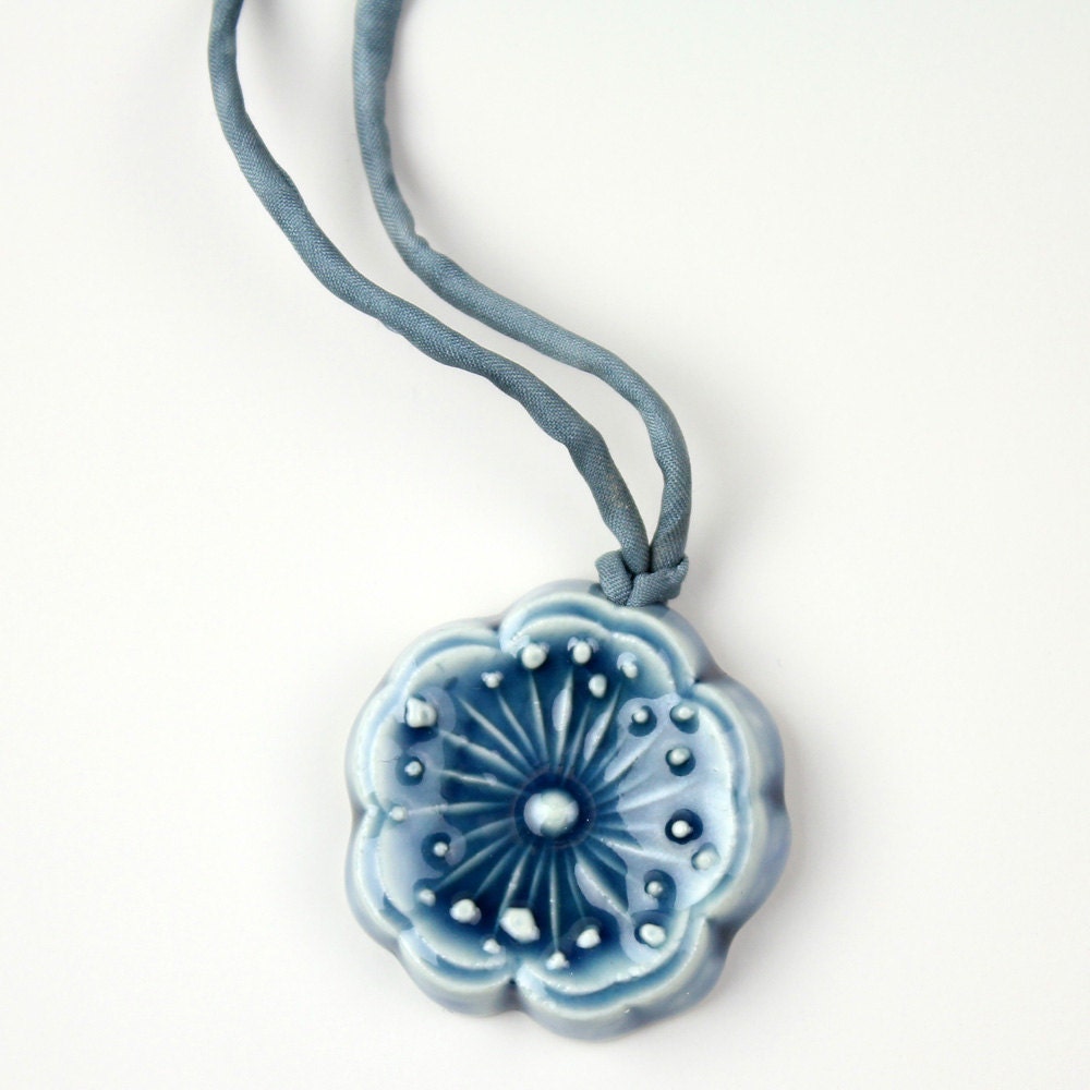 Blue Cherry Blossom Porcelain Ceramic Necklace