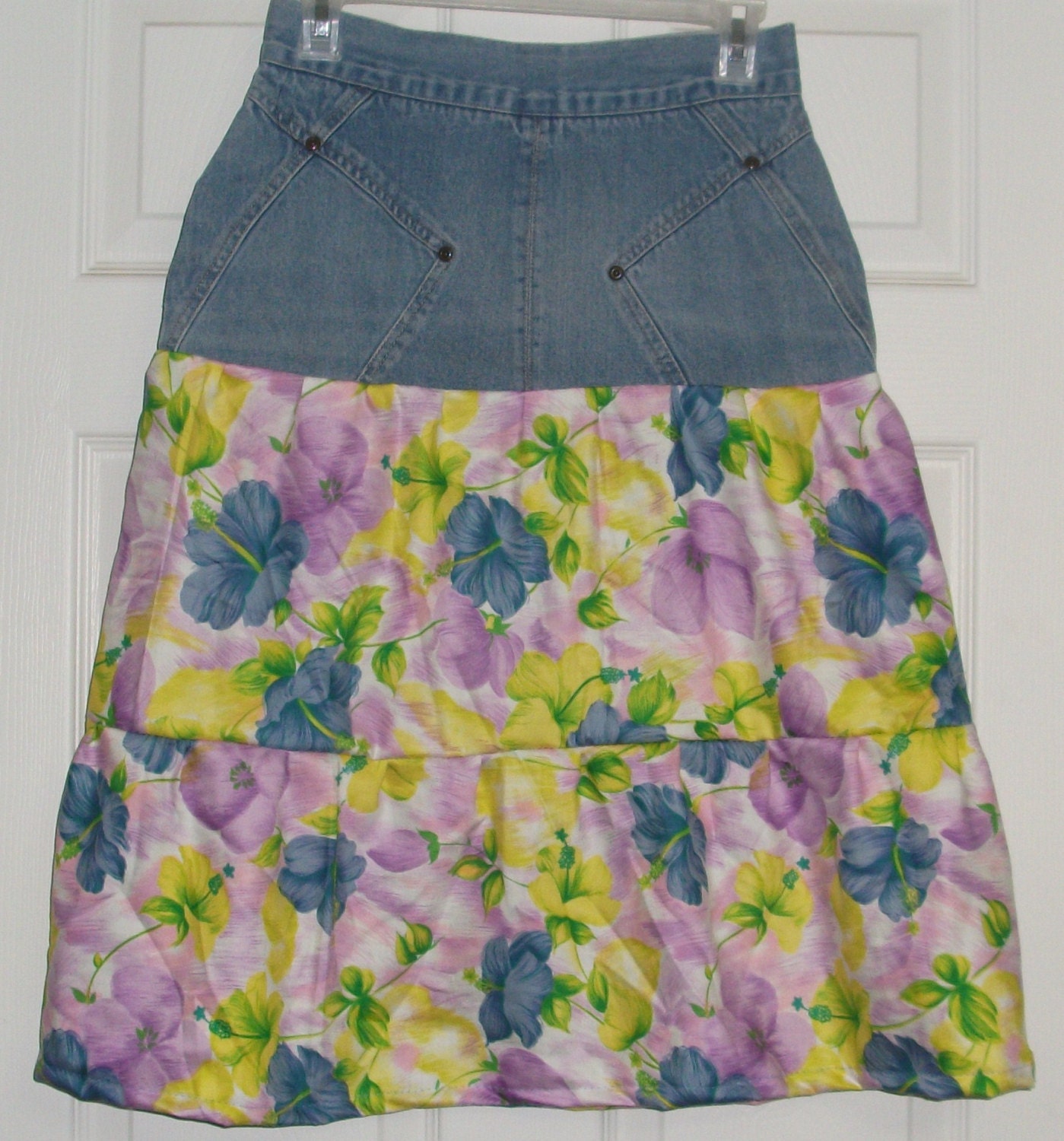 Girls Juniors Size 11 Denim Upcycled Hawaiian Print Watercolor Cotton Modest Long Skirt