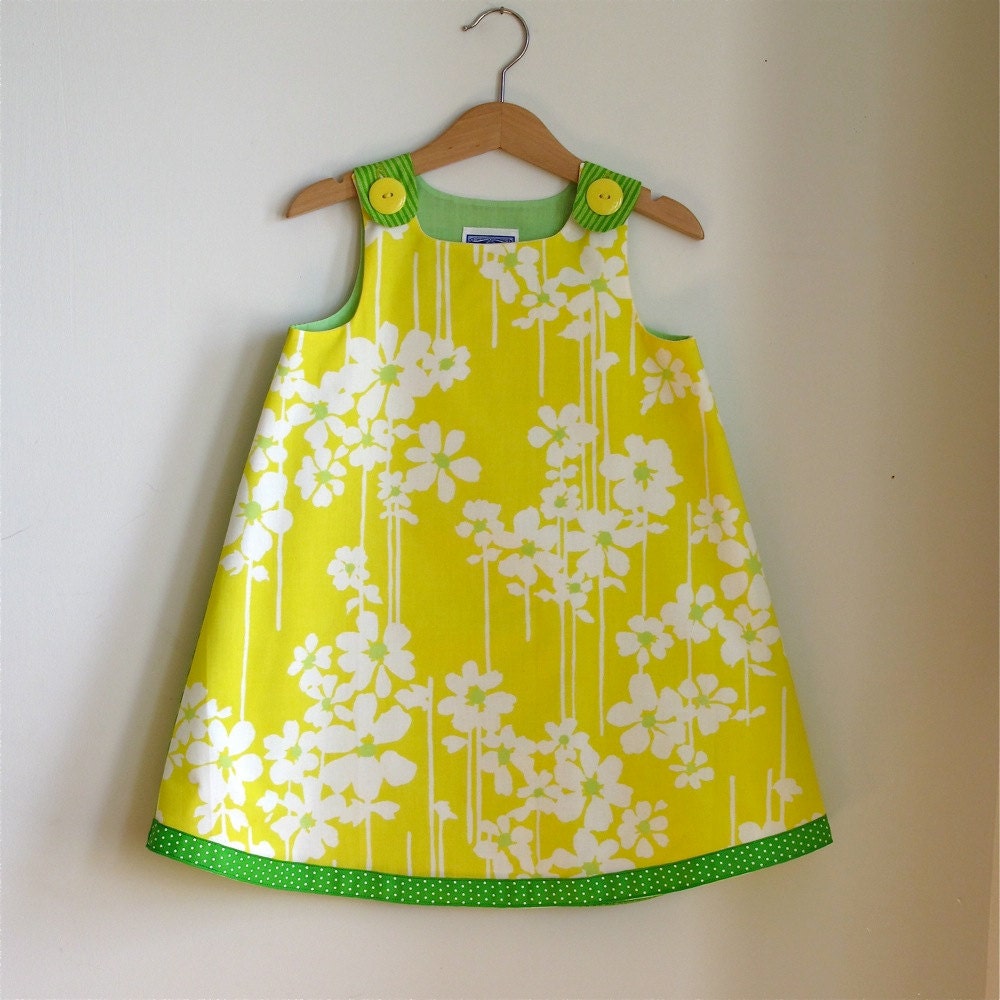 Yellow & Green flower spring toddler dress - size 4T - Girls Spring Easter Dress from vintage fabric