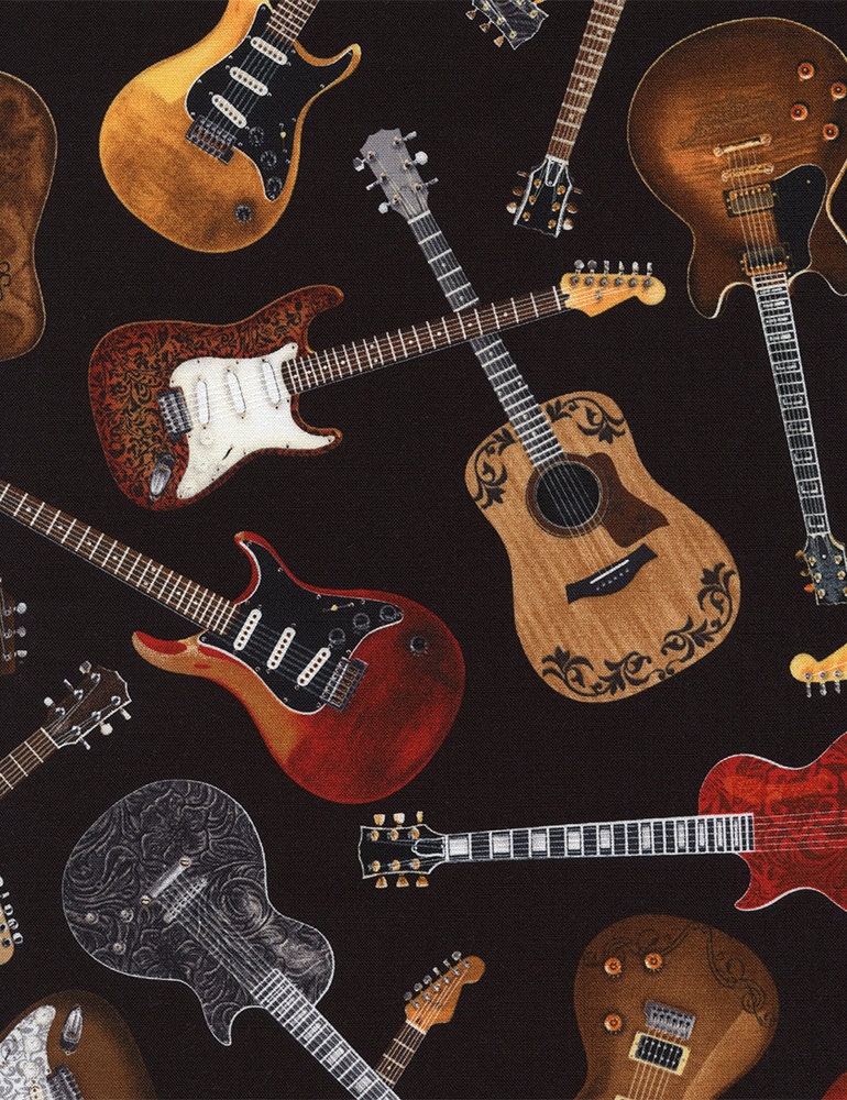 NEW Timeless Treasures, West, Tossed Guitars Black Fabric - By the Yard