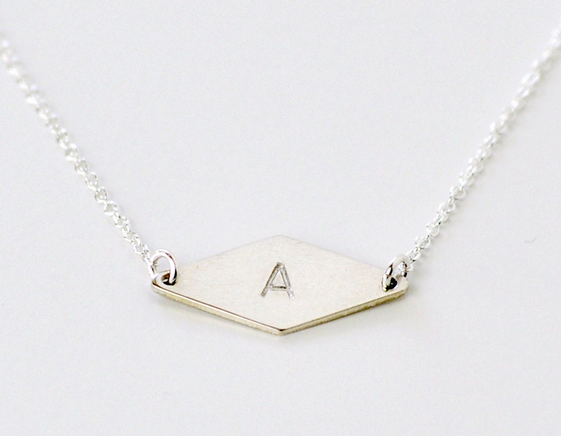 Sterling diamond initial - diamond bar link engraved necklace - modern personalized jewelry