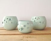 Seafoam Green Round Candleholders - Star Cutout Design - Shabby Decor - Seafoam Green - Cottage Chic