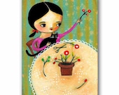 ORIGINAL acrylic painting PRUNING flowers with black cat folk art painting by tascha