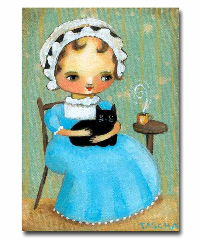 ORIGINAL Jane Austen with black cat acrylic painting on canvas folk art by tascha