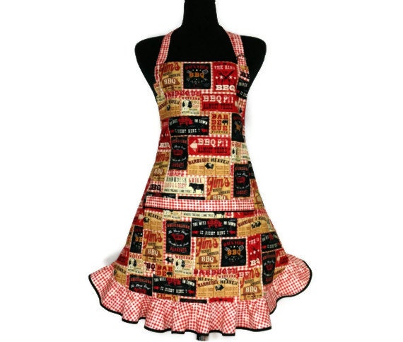 Retro Kitchen Apron , Barbecue , Grilling , Adjustable with Ruffle and Pocket , Rust Gingham