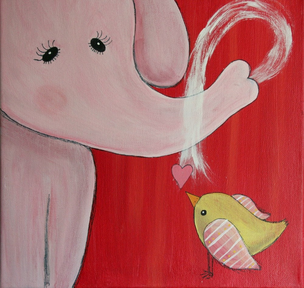 Original Elephant and bird painting on 12 x 12 inch canvas  NURSERY ART childrens room decor kids